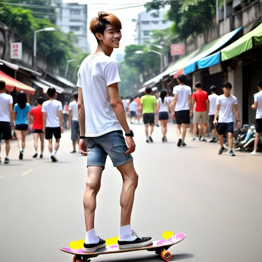 Prompt: muscular calfs of (((very slender slim skinny))) (((((very scrawny))))) ((((((very veiny muscular)))))) smiling vietnamese 23yo skaterboy in shorts, detailed showing thights, back view