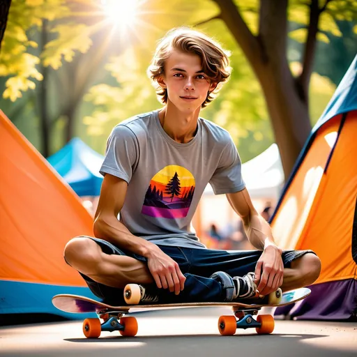 Prompt: slim skinny slender (very scrawny) ((very veiny)) ((((very muscular)))) czech 17yos skaters arthyos sitting before their tent