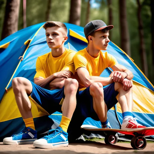 Prompt: Two Ukrainian skaterboys 18yos, skinny, slim, slender, (very scrawny), ((very veiny)), ((((((very muscular)))))), sitting in front of their tent, wearing sports shorts, detailed side view to their calf