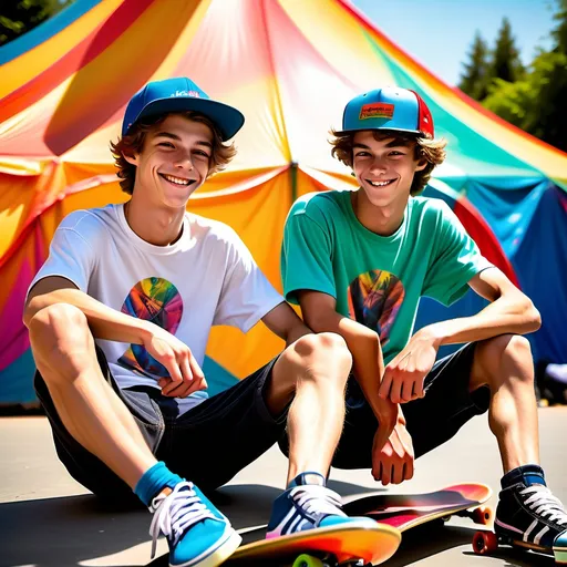 Prompt: very slender ((very scrawny)) ((((veiny muscular)))) 18yo smiling japanese gays skaterboys sitting before tent profile view