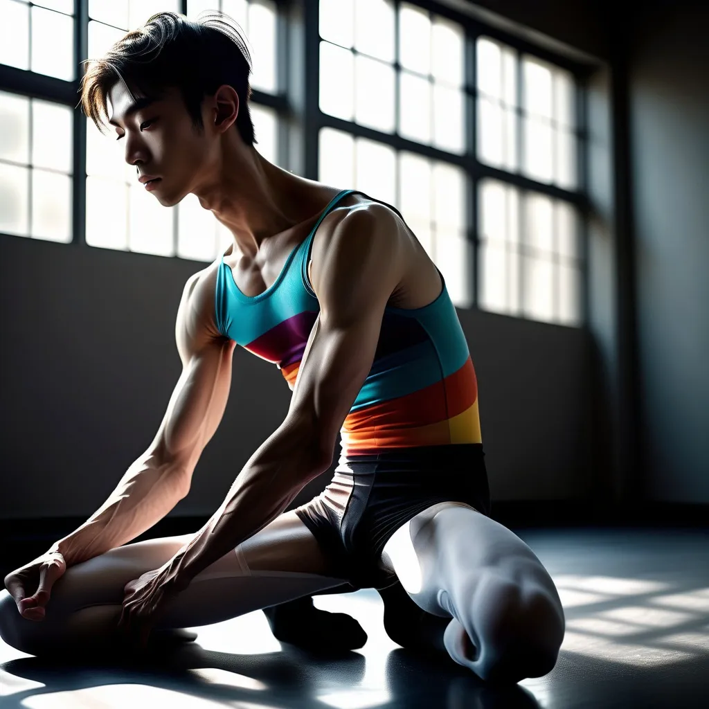 Prompt: veiny muscular thighs and calves, very skinny slender Japanese ballet  gaystudentboys, dynamic poses, 16-year-old boys in lycra sitting in gym, dramatic sunlight casting shadows, emphasizes contrast between muscularity and skinniness, cool tones, high-quality 4K, ultra-detailed, side view composition, energetic atmosphere, capturing youthful essence and athletic commitment, striking visual impact, expressive movement and grace.