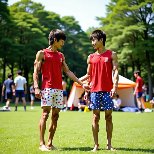 Prompt: Lively young teenclimberboys play joyfully on a sunlit green field, (((((((((friendly sitting before their tent in camaraderia)))))))))) their bright red team shirts contrasting with the colorful polka-dotted shorts they wear. One boy, with a broad smile and playful demeanor, appears to be reacting to the ball that some distance away, while his taller friend, equally enthusiastic, seems to engage in a friendly banter, showcasing their camaraderie. The background is filled with trees casting dappled sunlight, and more kids can be seen socializing and playing, encapsulating the essence of a carefree afternoon. The vibrant colors and lively expressions convey a strong sense of fun and friendship, creating an inviting and energetic atmosphere.