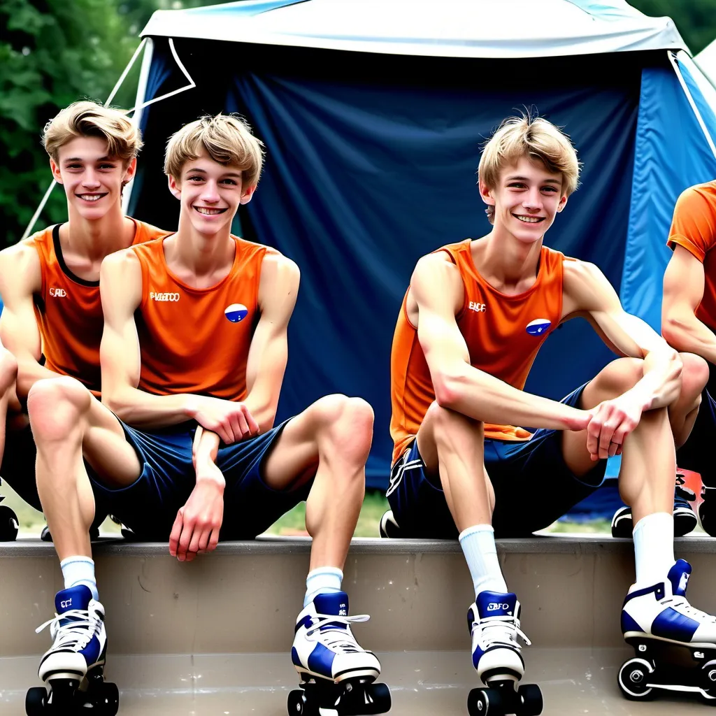 Prompt: slim skinny slender (very scrawny) ((very veiny)) ((((very muscular)))) smiling czech 21yos skaters arthyos sitting before their tent