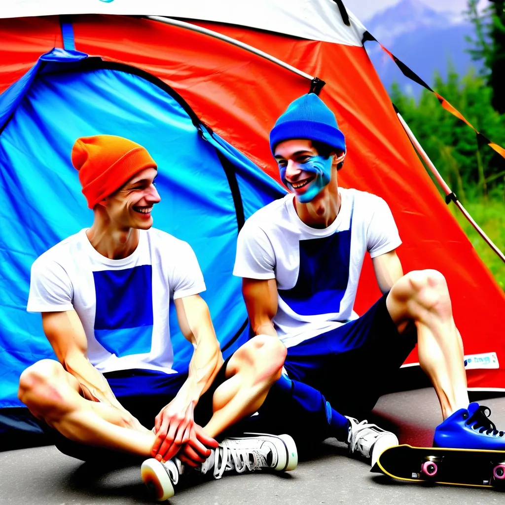 Prompt: slim, slender, skinny (((very scrawny))) ((((((((((very veiny)))))))))) ((((((((((very muscular)))))))))) two smiling gays slovenian skaterboys 26yos sitting before their tent, detailed side view to their calf