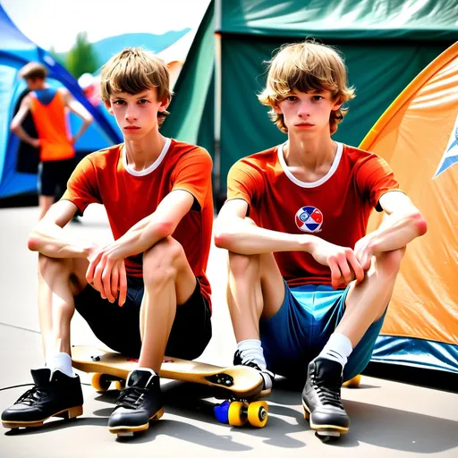 Prompt: slim skinny slender (very scrawny) ((very veiny)) ((((very muscular)))) czech 19yos skaters arthyos sitting before their tent