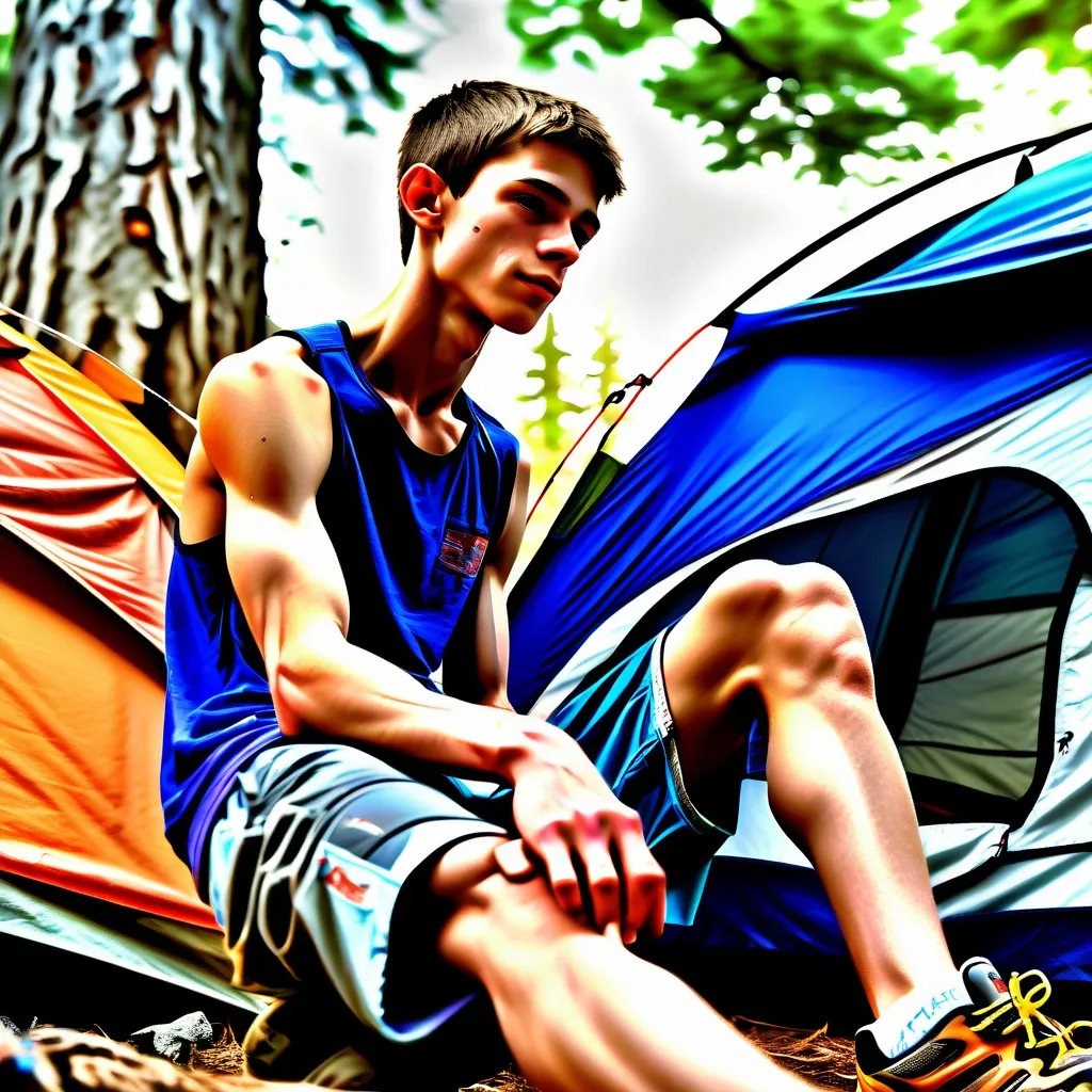 Prompt: very skinny slim slender very scrawny ((very muscular)) very veiny, colombian teenboy 16yo, in sports shorts, sitting before their tent, side view