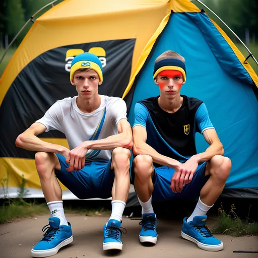 Prompt: Two Ukrainian skaterboys 22yos, very skinny, very slim, very slender, (very scrawny), ((very veiny)), (((very muscular))), sitting in front of their tent, wearing sports shorts, relaxed poses,  high-quality, youthful energy and camaraderie
