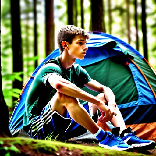 Prompt: very skinny slim slender scrawny ((very muscular)) very veiny, colombian teenboy 18yo, in sports shorts, sitting before their tent, side view
