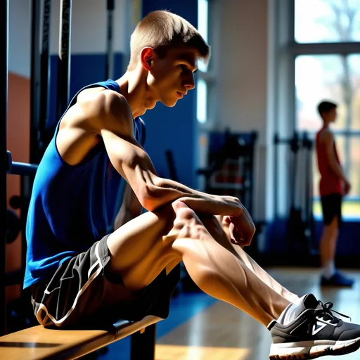 Prompt: (veiny muscular thighs, calves), (back view), (very slender, slim, skinny) (scrawny) czech 14yos boys sitting at school gym, dynamic young, cool tone, sunlight casting dramatic shadows, emphasizes the contrast between muscularity and skinniness, high-quality 4K, ultra-detailed