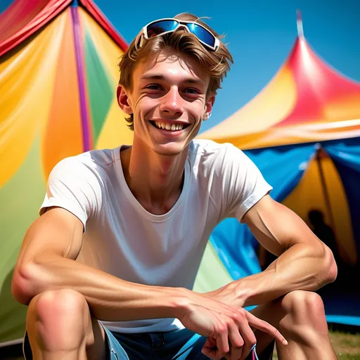 Prompt: slim skinny slender (very scrawny) ((very veiny)) ((((very muscular)))) smiling czech 22yos skaters arthyos sitting before their tent