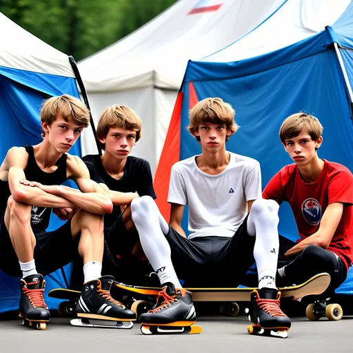 Prompt: slim skinny slender (very scrawny) ((very veiny)) ((((very muscular)))) czech 18yos skaters arthyos sitting before their tent