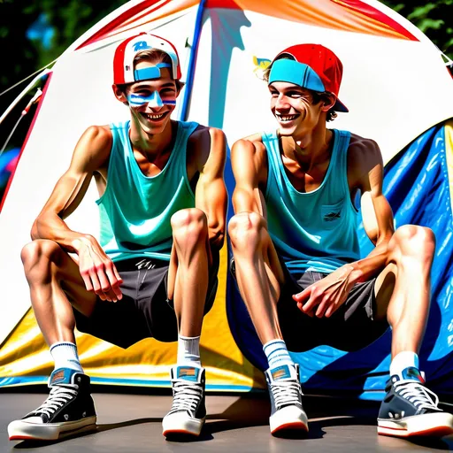 Prompt: slim, slender, skinny (((very scrawny))) ((((((((((very veiny)))))))))) ((((((((((very muscular)))))))))) two smiling gays slovenian skaterboys 18yos sitting before their tent, detailed side view to their calf