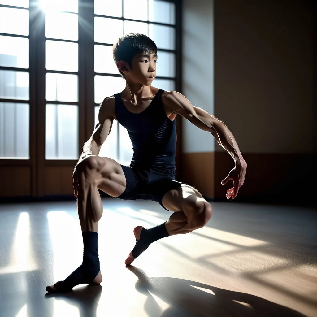 Prompt: veiny muscular thighs and calves, very skinny slender Japanese ballet  gaystudentboys, dynamic poses, 12-year-old boys in lycra sitting in gym, dramatic sunlight casting shadows, emphasizes contrast between muscularity and skinniness, cool tones, high-quality 4K, ultra-detailed, side view composition, energetic atmosphere, capturing youthful essence and athletic commitment, striking visual impact, expressive movement and grace.