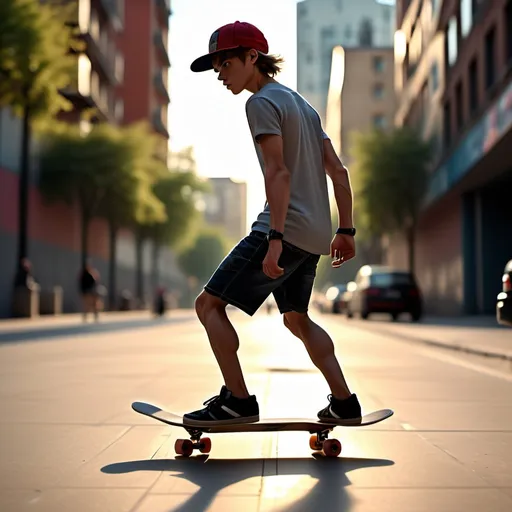 Prompt: (muscular thighs, calves), (back view), slender, slim, skinny, very scrawny, skater boy, wearing shorts, vivid details, dynamic pose, urban background, skateboard nearby, cool tone, sunlight casting dramatic shadows, emphasizes the contrast between muscularity and skinniness, high-quality 4K, ultra-detailed, vibrant ambiance.