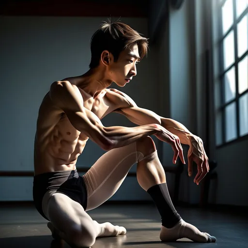 Prompt: veiny muscular thighs and calves, very skinny slender Japanese ballet  gaystudentboys, dynamic poses, 14-year-old boys in lycra sitting in gym, dramatic sunlight casting shadows, emphasizes contrast between muscularity and skinniness, cool tones, high-quality 4K, ultra-detailed, side view composition, energetic atmosphere, capturing youthful essence and athletic commitment, striking visual impact, expressive movement and grace.