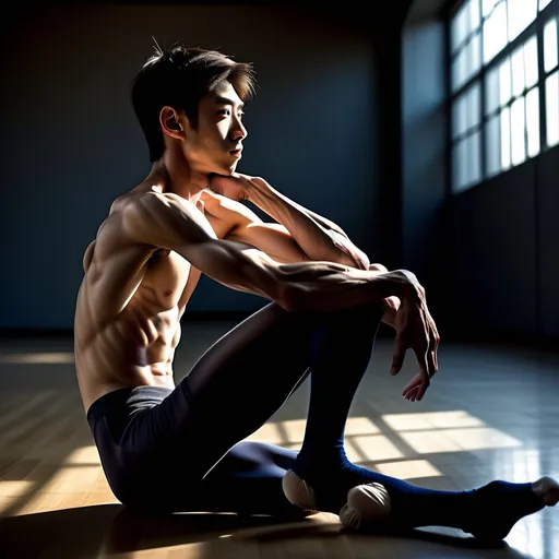 Prompt: veiny muscular thighs and calves, very skinny slender Japanese ballet  gaystudentboys, dynamic poses, 14-year-old boys in lycra sitting in gym, dramatic sunlight casting shadows, emphasizes contrast between muscularity and skinniness, cool tones, high-quality 4K, ultra-detailed, side view composition, energetic atmosphere, capturing youthful essence and athletic commitment, striking visual impact, expressive movement and grace.