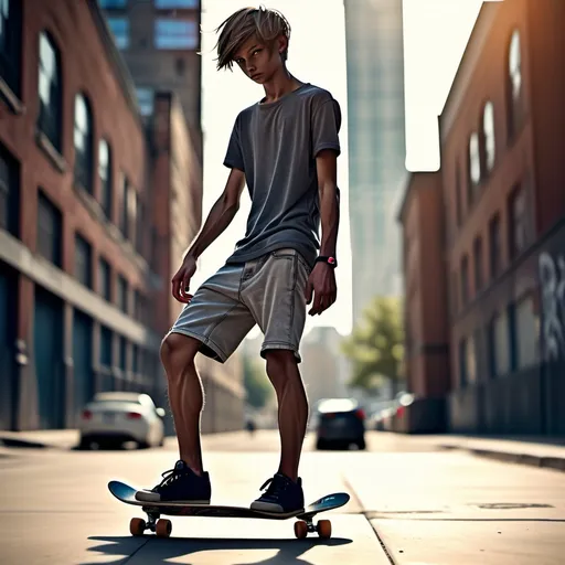 Prompt: (muscular thighs, calves), (back view), slender, slim, skinny, very scrawny, skater boy, wearing shorts, vivid details, dynamic pose, urban background, skateboard nearby, cool tone, sunlight casting dramatic shadows, emphasizes the contrast between muscularity and skinniness, high-quality 4K, ultra-detailed, vibrant ambiance.