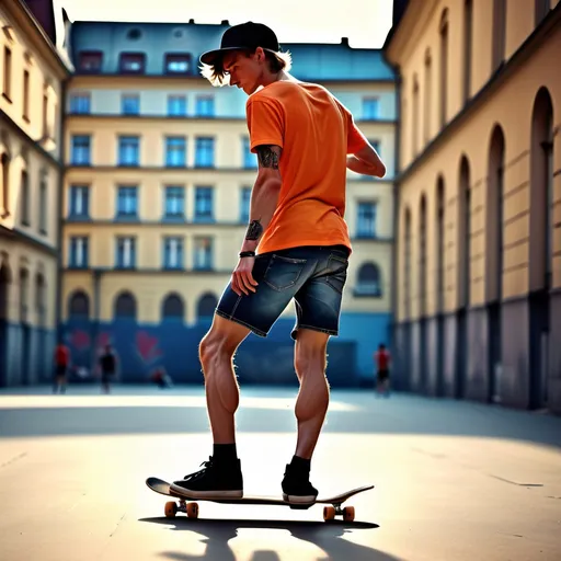 Prompt: (muscular thighs, calves), (back view), slender, slim, skinny, very scrawny, czech skater 26yos boy, wearing shorts, vivid details, dynamic pose, urban background, skateboard nearby, cool tone, sunlight casting dramatic shadows, emphasizes the contrast between muscularity and skinniness, high-quality 4K, ultra-detailed, vibrant ambiance