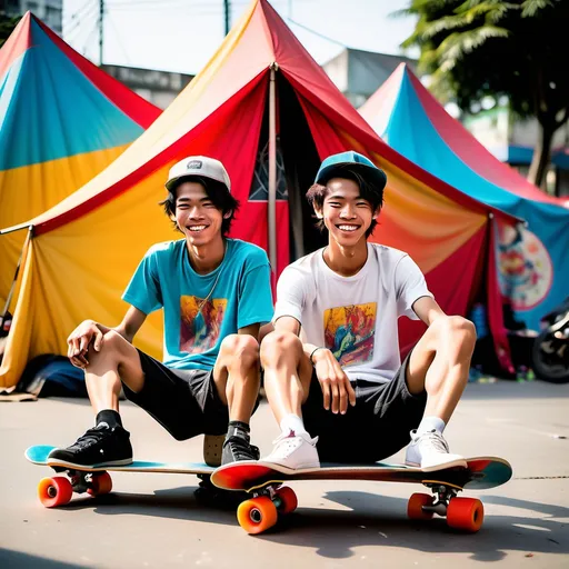 Prompt: slim skinny slender (very scrawny) ((very veiny)) ((((very muscular)))) smiling vietnamese 17yos skaters arthyos sitting before their tent