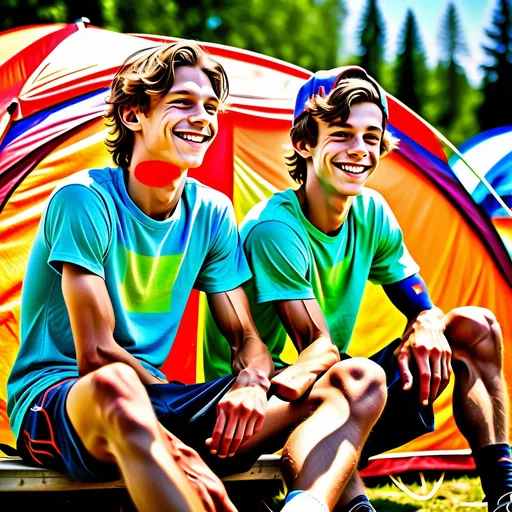 Prompt: slim, slender, skinny (((very scrawny))) ((((((((((very veiny)))))))))) ((((((((((very muscular)))))))))) two smiling gays slovenian skaterboys 16yos sitting before their tent, detailed side view to their calf
