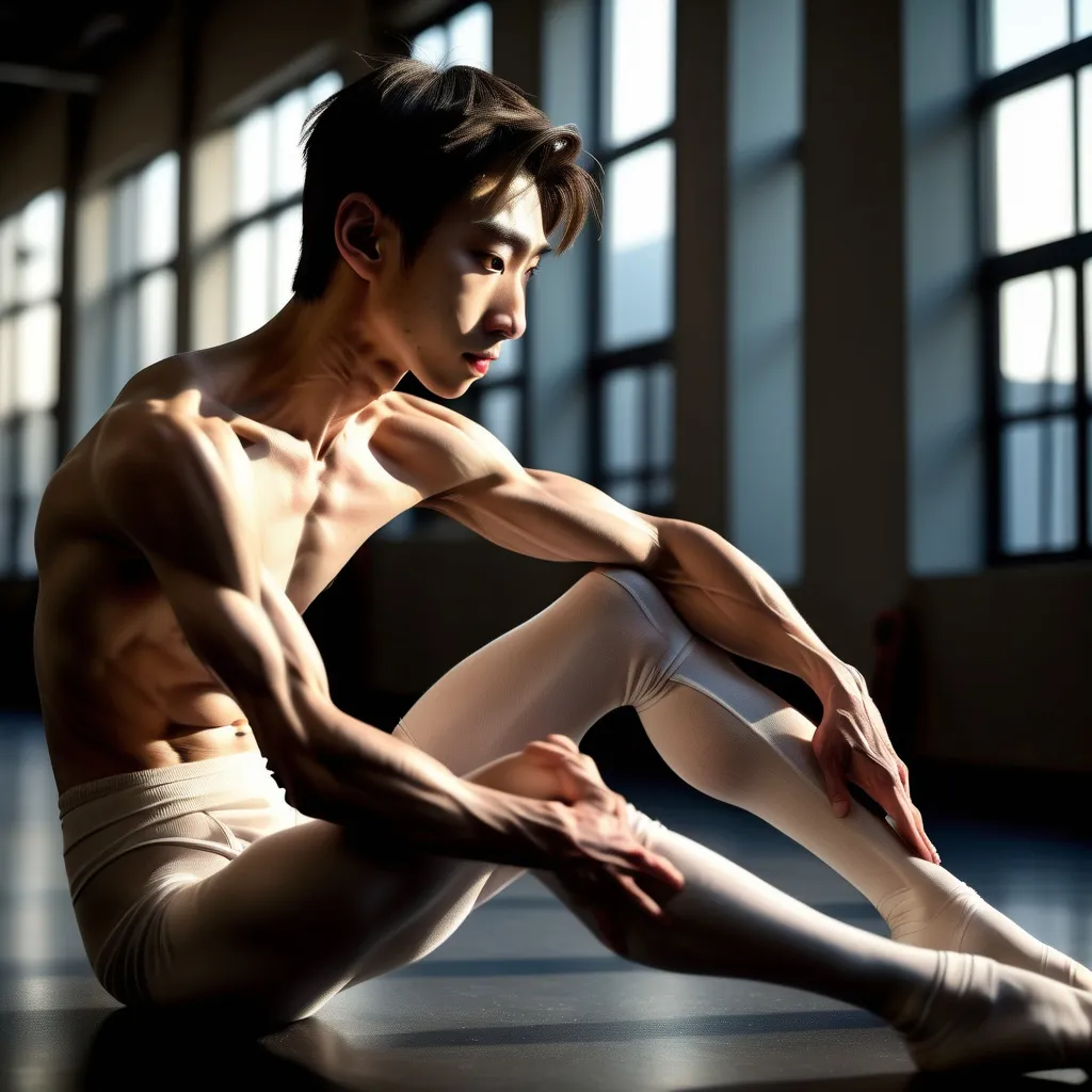 Prompt: veiny muscular thighs and calves, very skinny slender Japanese ballet  gaystudentboys, dynamic poses, 16-year-old boys in lycra sitting in gym, dramatic sunlight casting shadows, emphasizes contrast between muscularity and skinniness, cool tones, high-quality 4K, ultra-detailed, side view composition, energetic atmosphere, capturing youthful essence and athletic commitment, striking visual impact, expressive movement and grace.