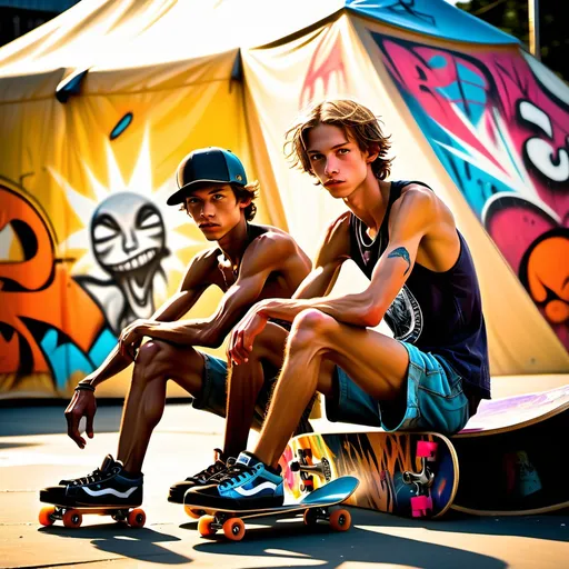 Prompt: slim skinny slender (very scrawny) ((very veiny)) ((((very muscular)))) czech 18yos skaters arthyos sitting before their tent