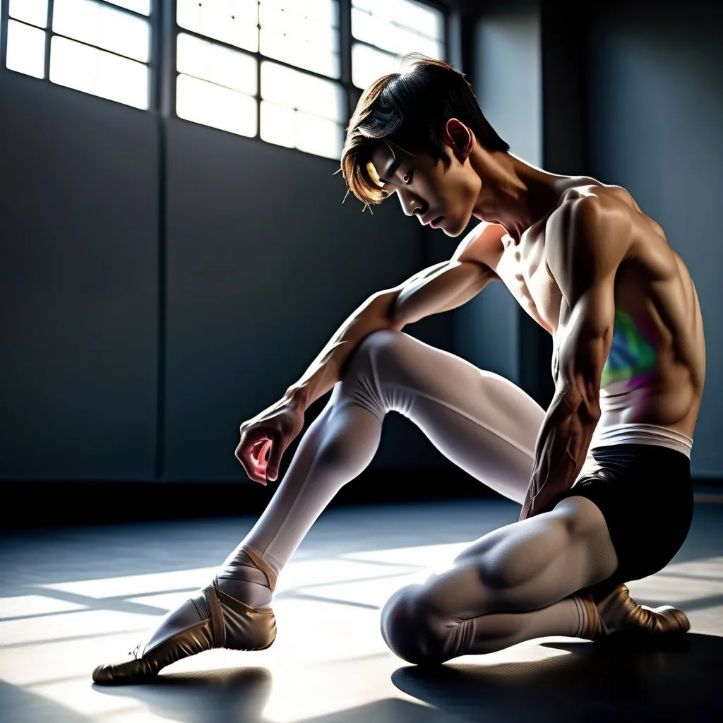 Prompt: veiny muscular thighs and calves, very skinny slender Japanese ballet  gaystudentboys, dynamic poses, 15-year-old boys in lycra sitting in gym, dramatic sunlight casting shadows, emphasizes contrast between muscularity and skinniness, cool tones, high-quality 4K, ultra-detailed, side view composition, energetic atmosphere, capturing youthful essence and athletic commitment, striking visual impact, expressive movement and grace.
