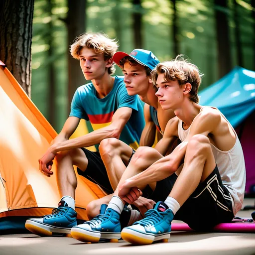 Prompt: slim skinny slender (very scrawny) ((very veiny)) ((((very muscular)))) czech 18yos skaters arthyos sitting before their tent