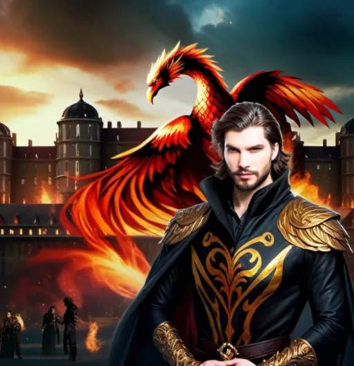 Prompt: A man with long dark hair and beard, dressed in a black and gold medieval costume, standing in front of the city skyline, behind him a giant red phoenix, a fictional drama.