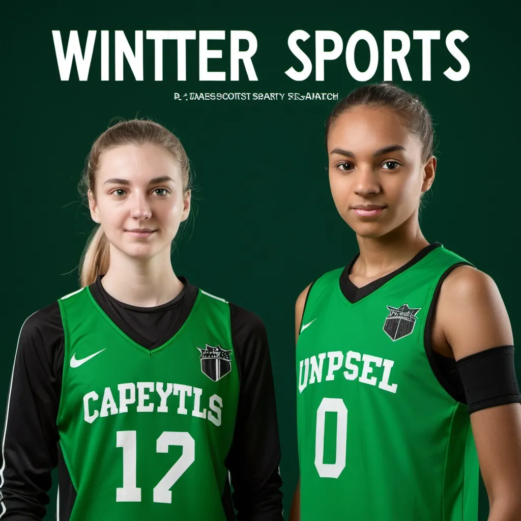 Prompt: a picture soccer and basketball players in green and black jerseys with the words "winter sports" on it