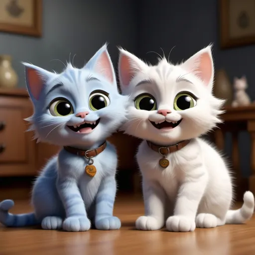 Prompt: Crea dos gatitos de raza siames sentados frente a frente con los brazos levantados sonrientes al estilo Pixar