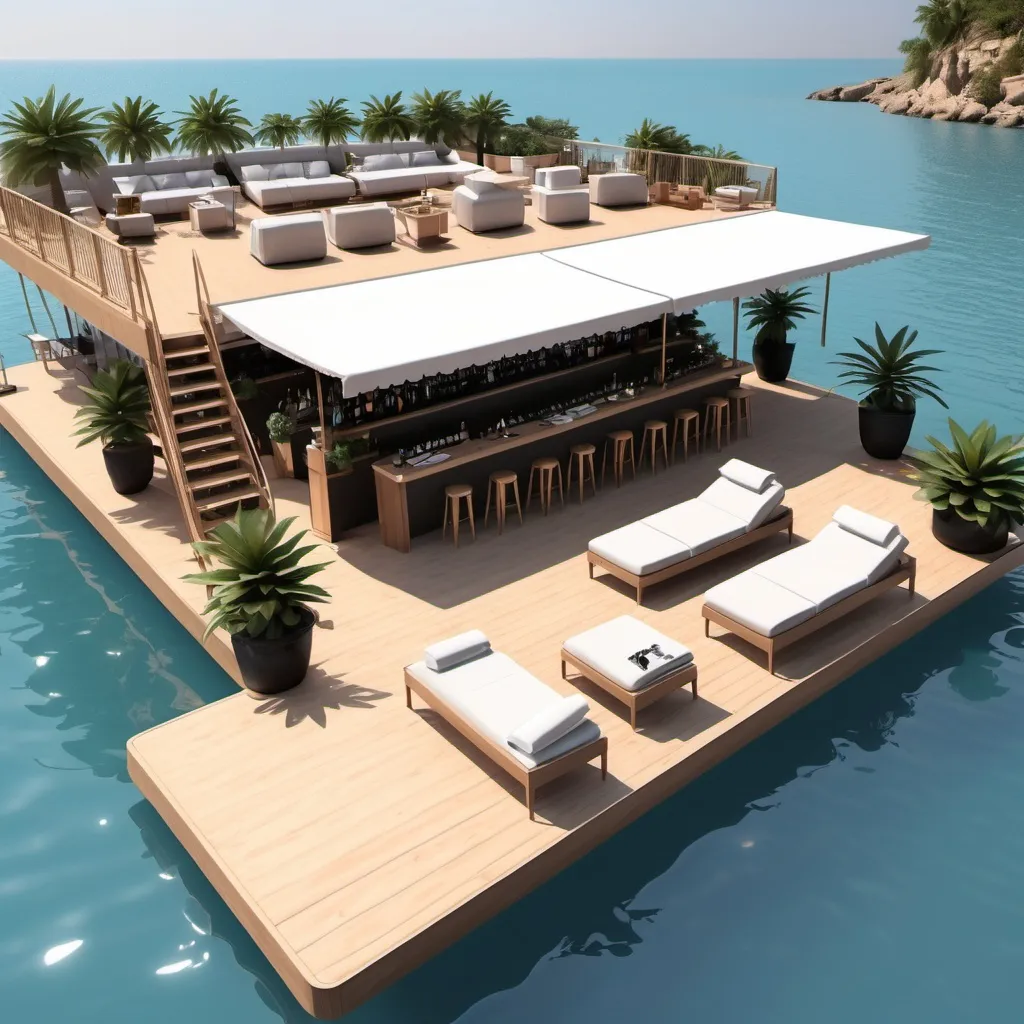 Prompt: floating deck 100x50 feet with a bar and sun beds, plants and a bathroom behind the bar on the outside with sun shades and speakers must be capable of holding at least 60 persons