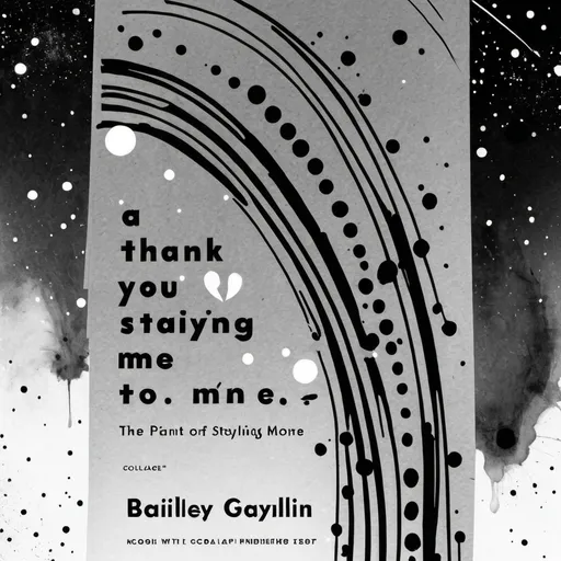 Prompt: A black and white book cover with a large title reading: THANK YOU FOR STAYING WITH ME by Bailey Gaylin Moore that incorporates abstract elliptical galaxies, stars, and a feeling of loneliness. Collage style with line art. Visible title and author name. Paint splatter with color.