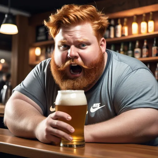 Prompt: Generate a guy with ginger hair wearing a baggy Nike shirt while drinking a beer in a bar. He is very fat, has a small beard. He has his feet up on the counter. He is raging over a healthy snack.