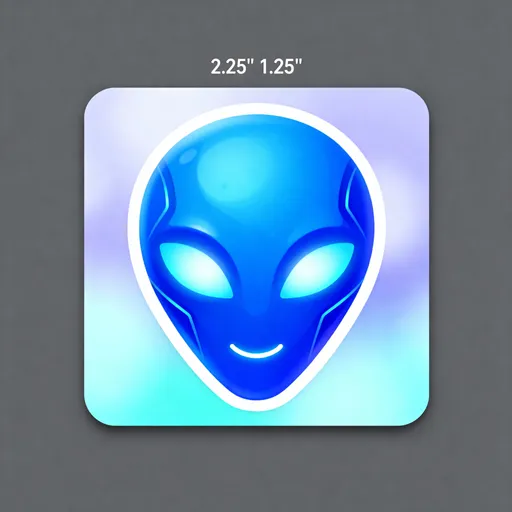 Prompt: generate a sticker that is 2.25"  x 1.25" that shows the head of a blue advanced  friendly alien Face in a squarish shape about 1" X 1" near the front of the sticker, - then continuing with light blurry light until the end of the sticker - about 