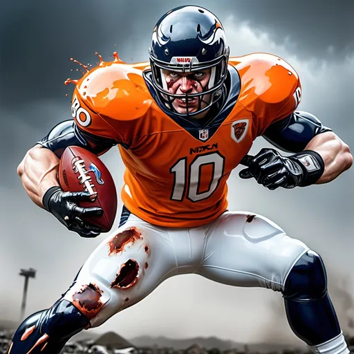 Prompt: photorealistic swag venom warrior hero bo nix cartoon oil on canvas comics art of qb wearing #10 nix
 broncos orange jersey with radiant helmet blood dripped vein, toned up white male, short blond hair, sweat dripping on his skin, nix throwing football hard, bad storm in background with terminator, 3d video game model wearing radiant jersey #10 qb, gta art in style of bansky