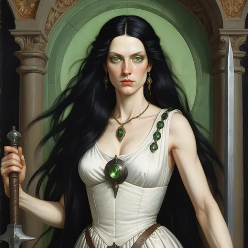 Prompt: A Renaissance painting of A tall woman with long black hair and green eyes. She is wielding A warhammer. She wears A white sleeveless gown.