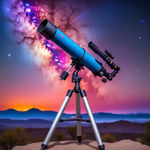 Prompt: Picture a telescope with a sleek, vibrant body featuring swirls of blue, purple, and pink. It sits on a sturdy, shiny tripod, with each leg painted in a gradient of colors. In the background, imagine a mesmerizing galaxy filled with bright stars, swirling nebulae, and a blend of colors—deep blues, fiery oranges, and soft pinks—all merging into the cosmic expanse. This scene captures the wonder of stargazing beautifully!Tall young woman walking down the high street, detailed clothing, realistic, natural lighting