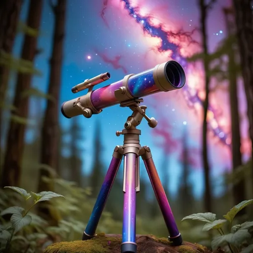 Prompt: Picture a telescope with a sleek, vibrant body featuring swirls of blue, purple, and pink. It sits on a sturdy, shiny tripod, with each leg painted in a gradient of colors. In the background, imagine a mesmerizing galaxy filled with bright stars, swirling nebulae, and a blend of colors deep blues, fiery oranges, and soft pinks all merging into the cosmic expanse. This scene captures the wonder of stargazing beautifully!Elf ranger in a mystical forest around sunlight