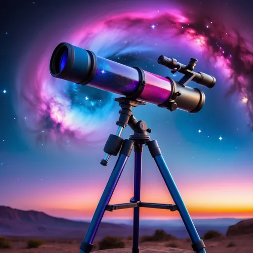 Prompt: Picture a telescope with a sleek, vibrant body featuring swirls of blue, purple, and pink. It sits on a sturdy, shiny tripod, with each leg painted in a gradient of colors. In the background, imagine a mesmerizing galaxy filled with bright stars, swirling nebulae, and a blend of colors—deep blues, fiery oranges, and soft pinks—all merging into the cosmic expanse. This scene captures the wonder of stargazing beautifully!Tall young woman walking down the high street, detailed clothing, realistic, natural lighting