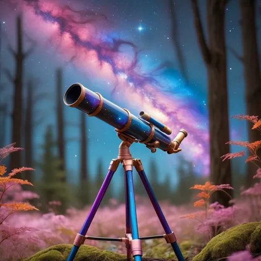 Prompt: Picture a telescope with a sleek, vibrant body featuring swirls of blue, purple, and pink. It sits on a sturdy, shiny tripod, with each leg painted in a gradient of colors. In the background, imagine a mesmerizing galaxy filled with bright stars, swirling nebulae, and a blend of colors deep blues, fiery oranges, and soft pinks all merging into the cosmic expanse. This scene captures the wonder of stargazing beautifully!Elf ranger in a mystical forest around sunlight