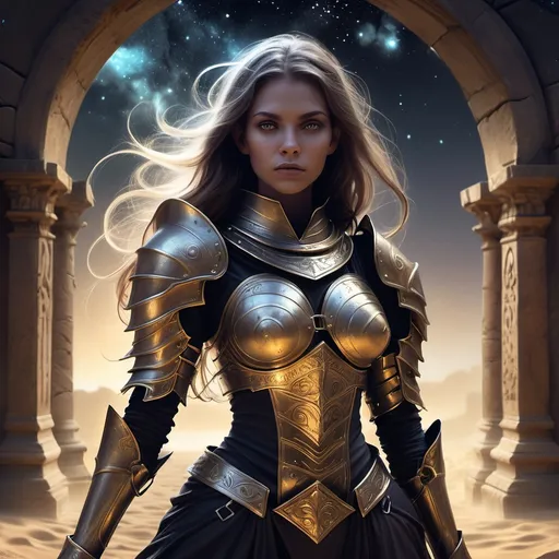 Prompt: (women in armour world protector ), protector with a mystic aura, (magical portal) glimmering with ethereal lights, galaxy landscape bathed in peaceful twilight, swirling sands, ancient ruins partially obscured by shadows, (atmospheric) and (enigmatic) vibe, cool tones, high detail, ultra-detailed, captivating contrast between the witch's dark apparel and the golden desert background.