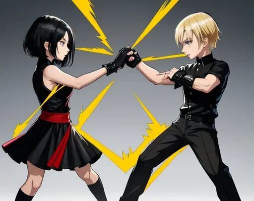 Prompt: 8-year-old black haired girl and very short blonde haired boy as fighting game characters, standing as if they are about to start a battle facing each other, fit in the screen