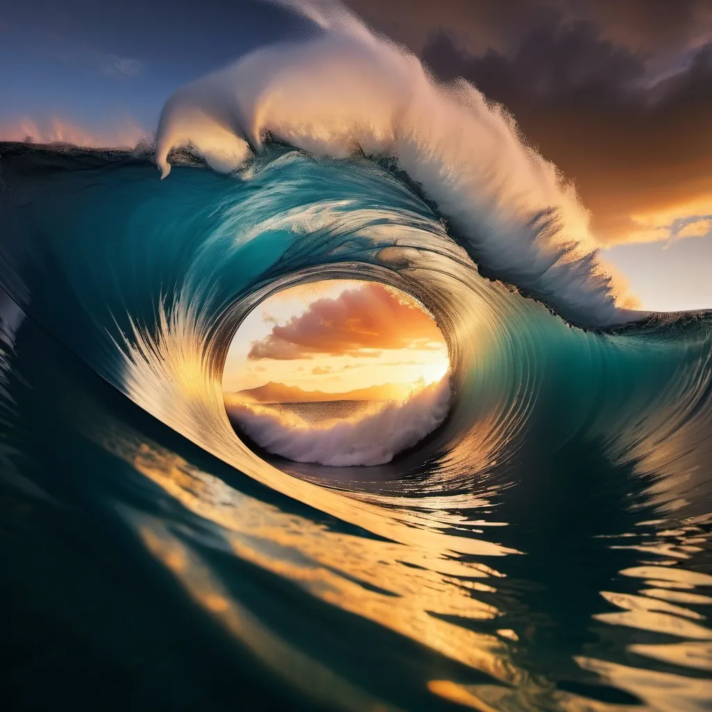 Prompt: a beautiful Teahupoo wave with a sunset in the background