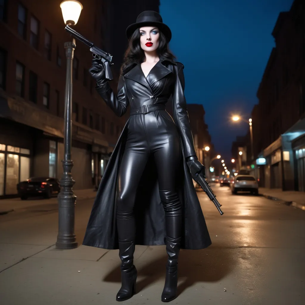 Prompt: Young, slender, white woman with shoulder-length raven hair, porcelain skin, red lips, and blue eyes, wearing a black leather catsuit, black gloves, a black leather trench coat, a black fedora hat and high-heeled boots, holds a machine gun standing in dark city street at night