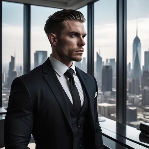 Prompt: Ethan Blackwood is handsome a 35-year-old man with sharp jawlines and piercing blue eyes. He wears a tailored black suit, exuding an aura of power and confidence, standing in his luxurious office, looking out over the city skyline through floor-to-ceiling windows, his expression stoic as he contemplates his empire