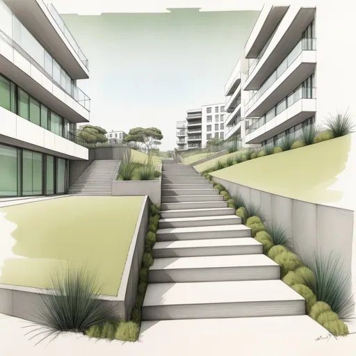 Prompt: Sketch for entry steps in between two residential 10 storey buildings with green coastal landscape