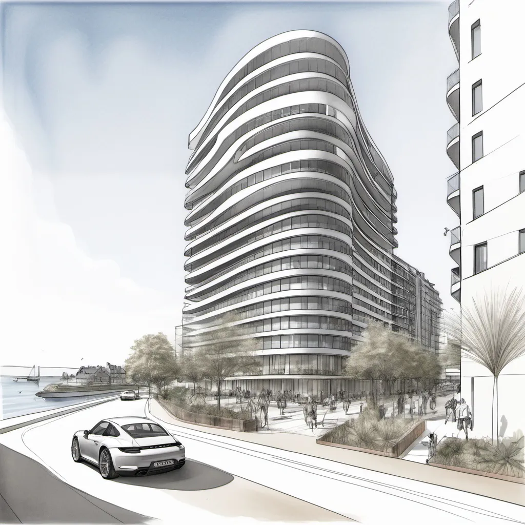 Prompt: Sketch for close up of shaded drop off for luxury residential 10 storey development showing Porsche connected to an active streetscape - coastal theme and overlooking the water