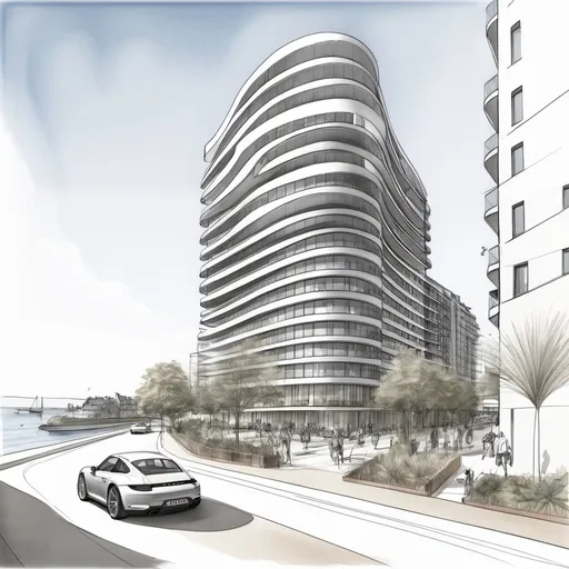 Prompt: Sketch for close up of shaded drop off for luxury residential 10 storey development showing Porsche connected to an active streetscape - coastal theme and overlooking the water