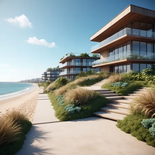 Prompt: (coastal landscape), residential buildings interconnected via podium, modern architectural design, vibrant colors, sun-soaked environment, lush greenery, ocean view, sandy beach, warm tones, clear blue sky, waves gently lapping, inviting and tranquil atmosphere, picturesque setting, high quality 4K, ultra-detailed.